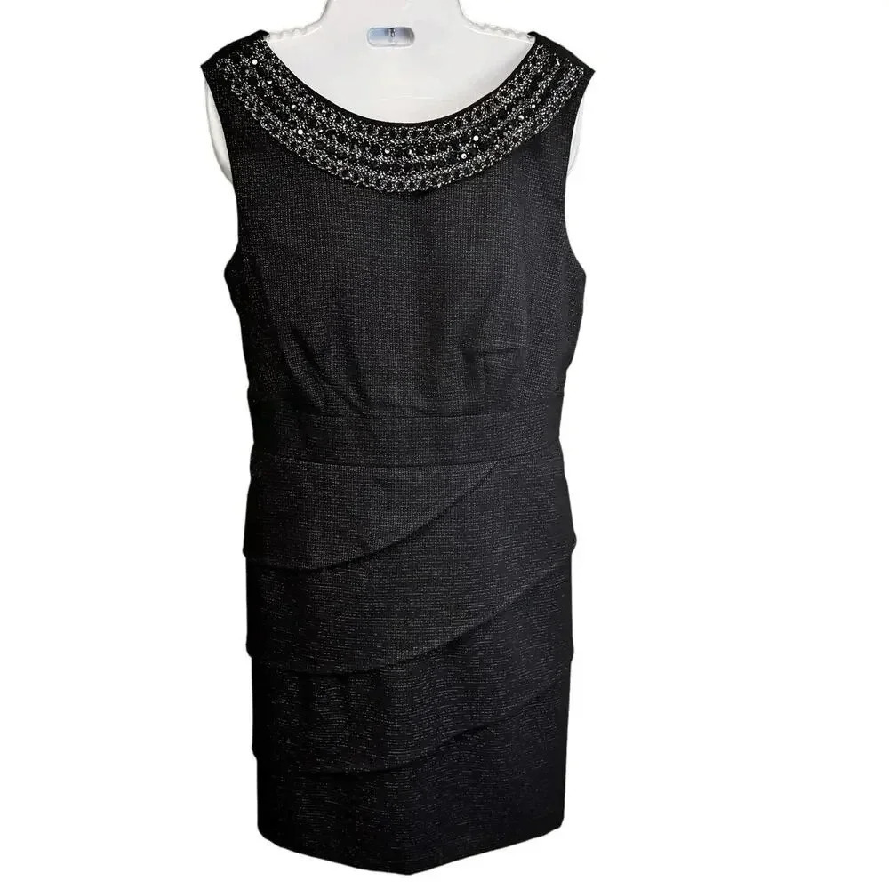 Connected Draped Pleated Black Silver Beaded‎ Collar Sleeveless Dress Womens 14P
